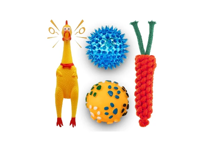 Dog Chew Toys Combo 4 Pcs | Rope, Balls & Funny Chicken for Puppies Rubber Squeaky Toy