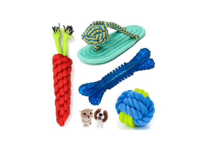 Dog Chew Toys For Pets Adult Toys Pack of 4 Rope Toys For Chewers Cotton Chew Toy, Tug Toy, Ball, Training Aid For Dog