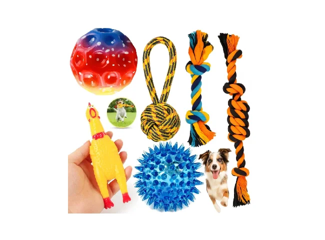Durable Teething & Tug of War Rope Chew Toys Combo - Bouncy Ball & Squeaky Toys Rubber Ball, Squeaky Toy, Chew Toy, Fetch Toy, Training Aid For Dog