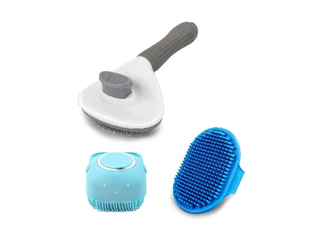 3Pcs Pet Grooming Combo-(Oval Slicker, Massage Bath Glove, Shampoo Dispenser Slicker Brushes