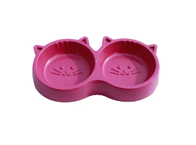 Plastic Cat Face Shaped Double Bowl Food & Water Feeder 2-in-1 Bowl Plastic Pet Bowl & Bottle