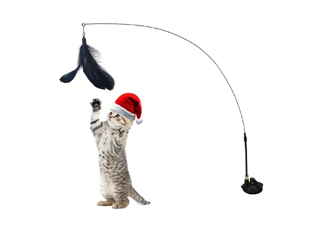 Cat Toys Teaser Wand Suction Cup Feather Teaser Interactive Wand Kitten Toy Fiber Stick For Cat